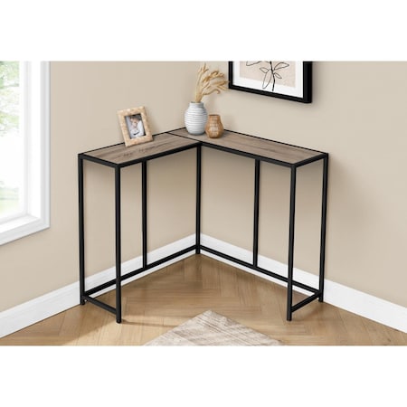 36 In. L-shaped Corner Metal Frame Console Table, Dark Taupe Wood-look & Black